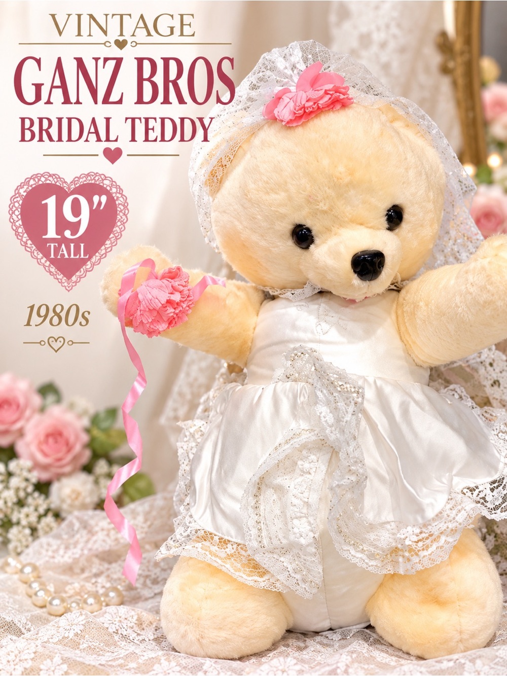 Vintage Ganz Bros 19โ Bride Teddy Bear Plush Wedding Lace Veil 1980s